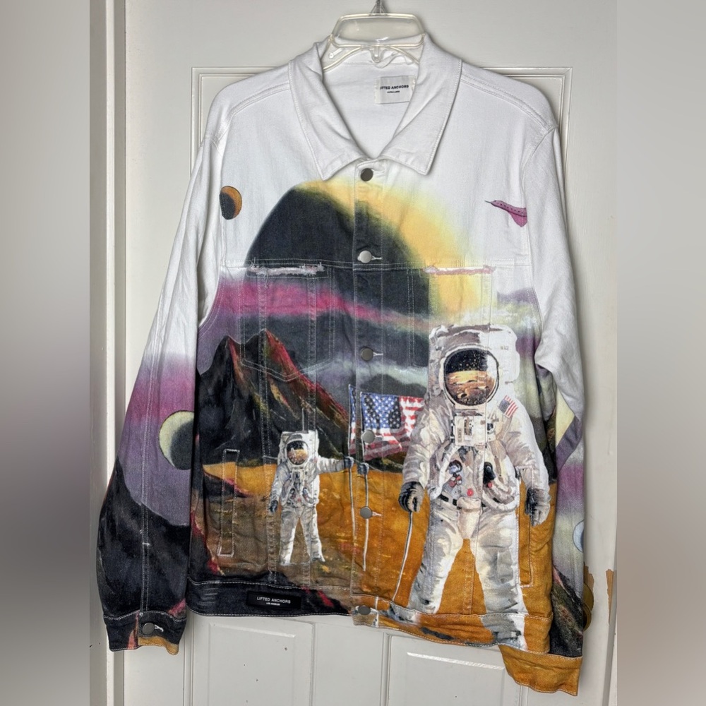 Lifted Anchors White Denim Jacket Astronauts Moon Space XL